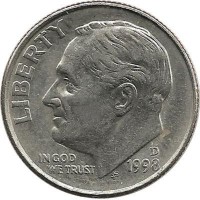 Франклин Д. Рузвельт. Монета 10 центов 1998г. (D.), CША. 
