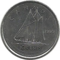 Шхуна Bluenose. Гафельная двухмачтовая шхуна Блюноуз. Монета 10 центов. 1999 год, Канада.  