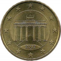 Монета 10 центов. 2002 год (D), Германия.  UNC.