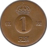 Монета 1 эре.1954 год, Швеция. (TS).