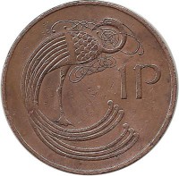 Птица. Ирландская арфа. Монета 1 пенни. 1971 год.