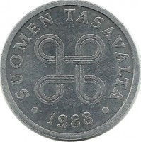 Монета 5 пенни.1988 год, Финляндия.