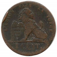 Монета 1 сантим.  1870 год, Бельгия.  (Des Belges)