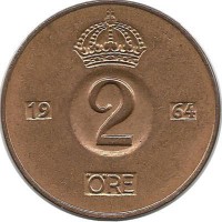 Монета 2 эре.1964 год, Швеция. (U).
