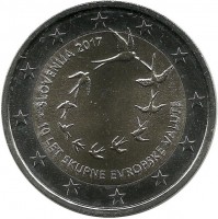 10 лет введению евро в Словении. Монета 2 евро, 2017 год, Словения. UNC. 