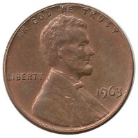 Линкольн. 1 цент 1963г. Филадельфия , CША.