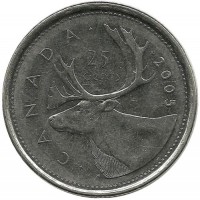 Монета 25 центов (квотер), 2005 год, Канада.