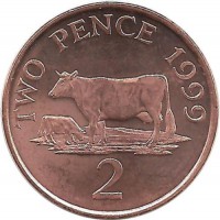Гернсийская корова. Монета 2 пенса. 1999 год, Гернси. UNC.