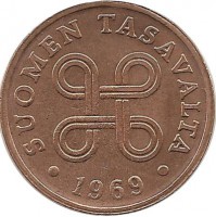 Монета 1 пенни. 1969 год, Финляндия (медь).